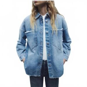 Zara Z1975 Oversized Denim Over shirt Jacket Washed effect Frayed trim XS #1125